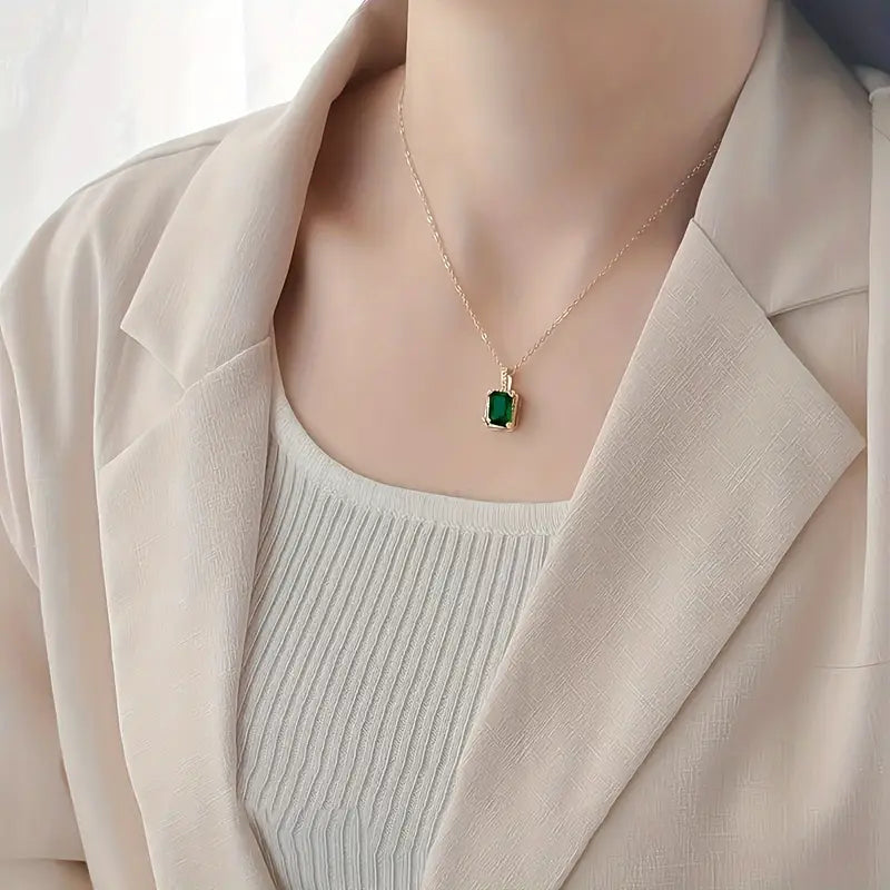 Emerald Gold Rectangular Halo Necklace