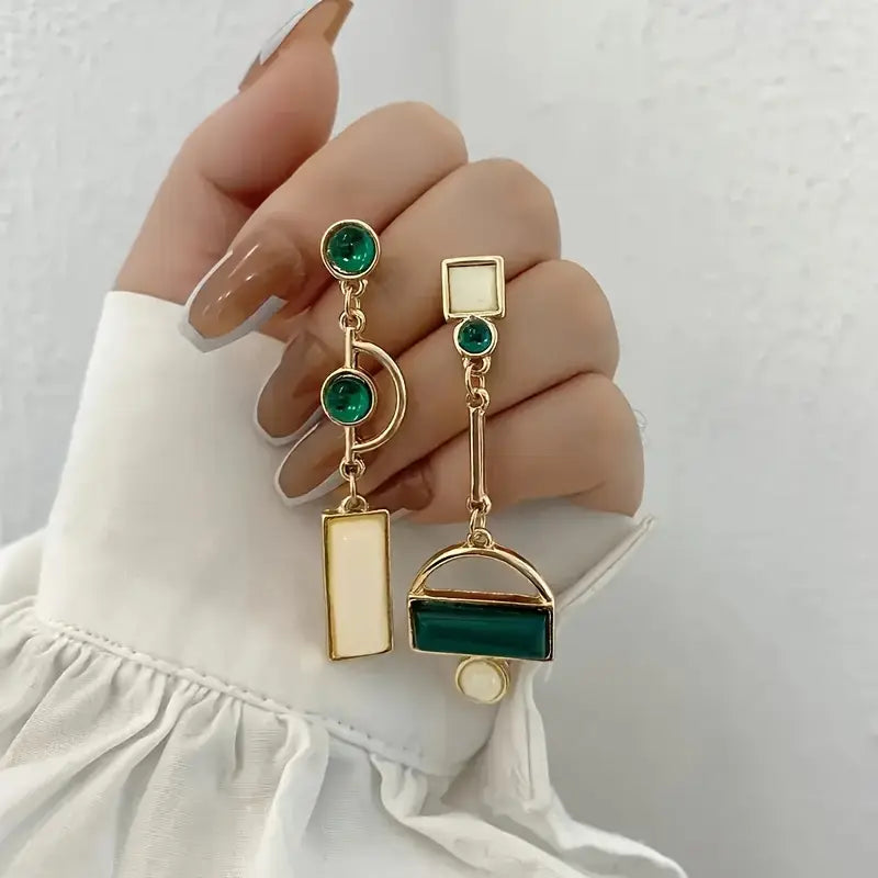 Gold Emerald Geometric Dangle Earrings