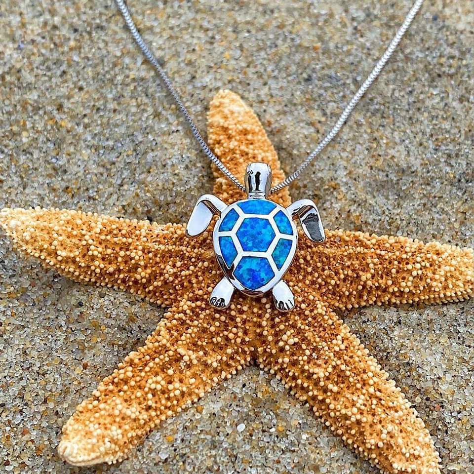 Opal and Silver Sea Turtle Jewelry Set: Necklace + Earrings