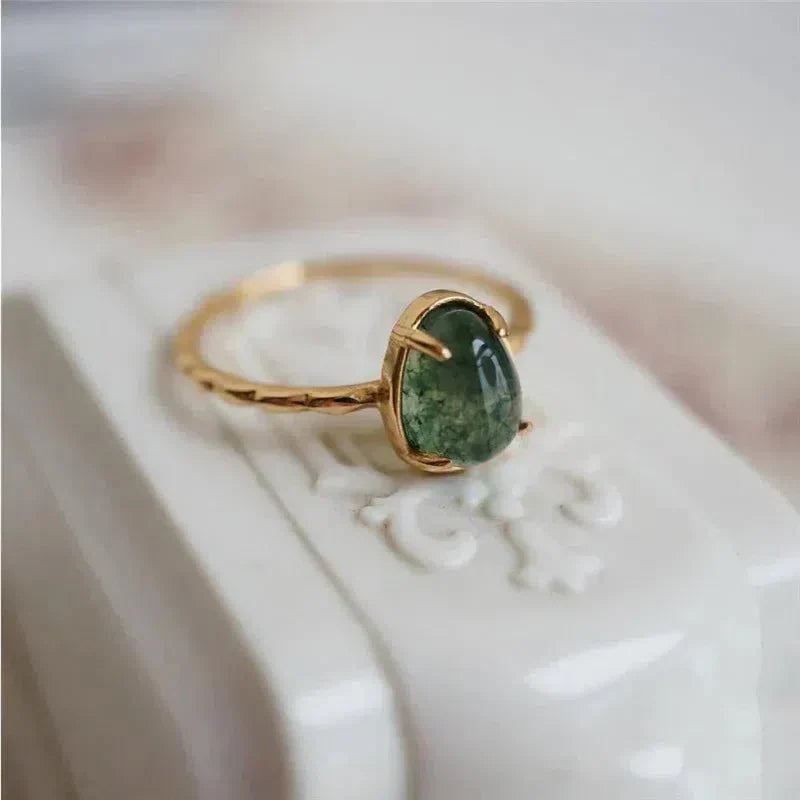 Gold Luxury Ring with Green Water Drop Gemstone