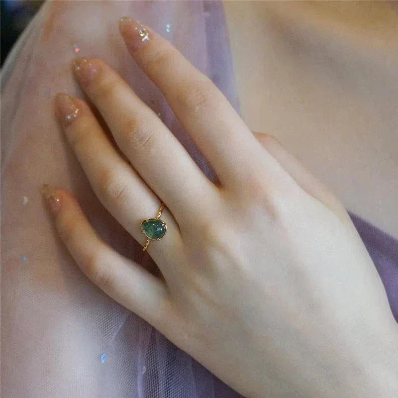 Gold Luxury Ring with Green Water Drop Gemstone