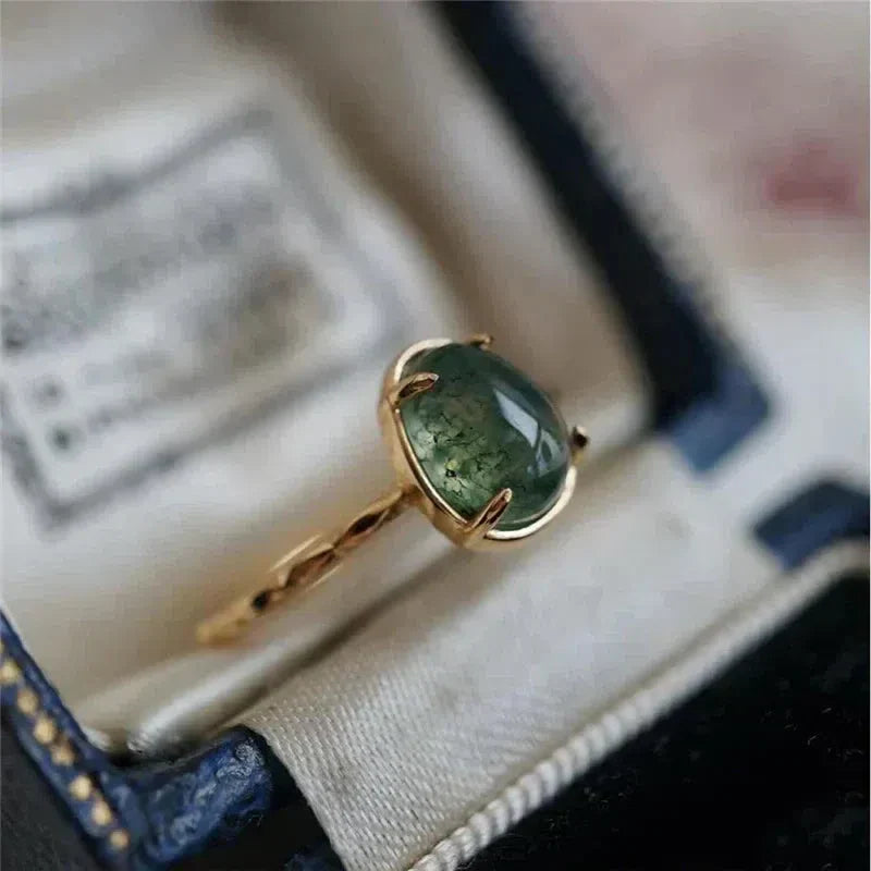 Gold Luxury Ring with Green Water Drop Gemstone