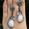 Boho Leaf Earrings with White Opal in Silver Sterling