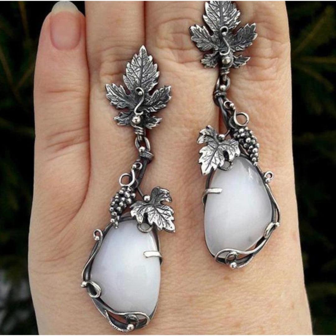 Boho Leaf Earrings with White Opal in Silver Sterling