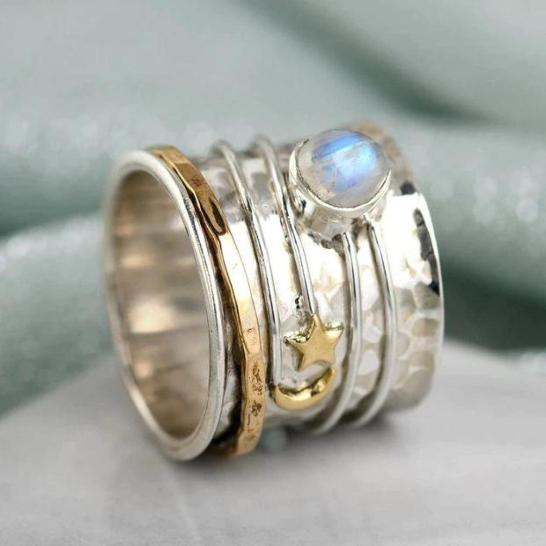 Star and Moon Moonstone Spinning Ring