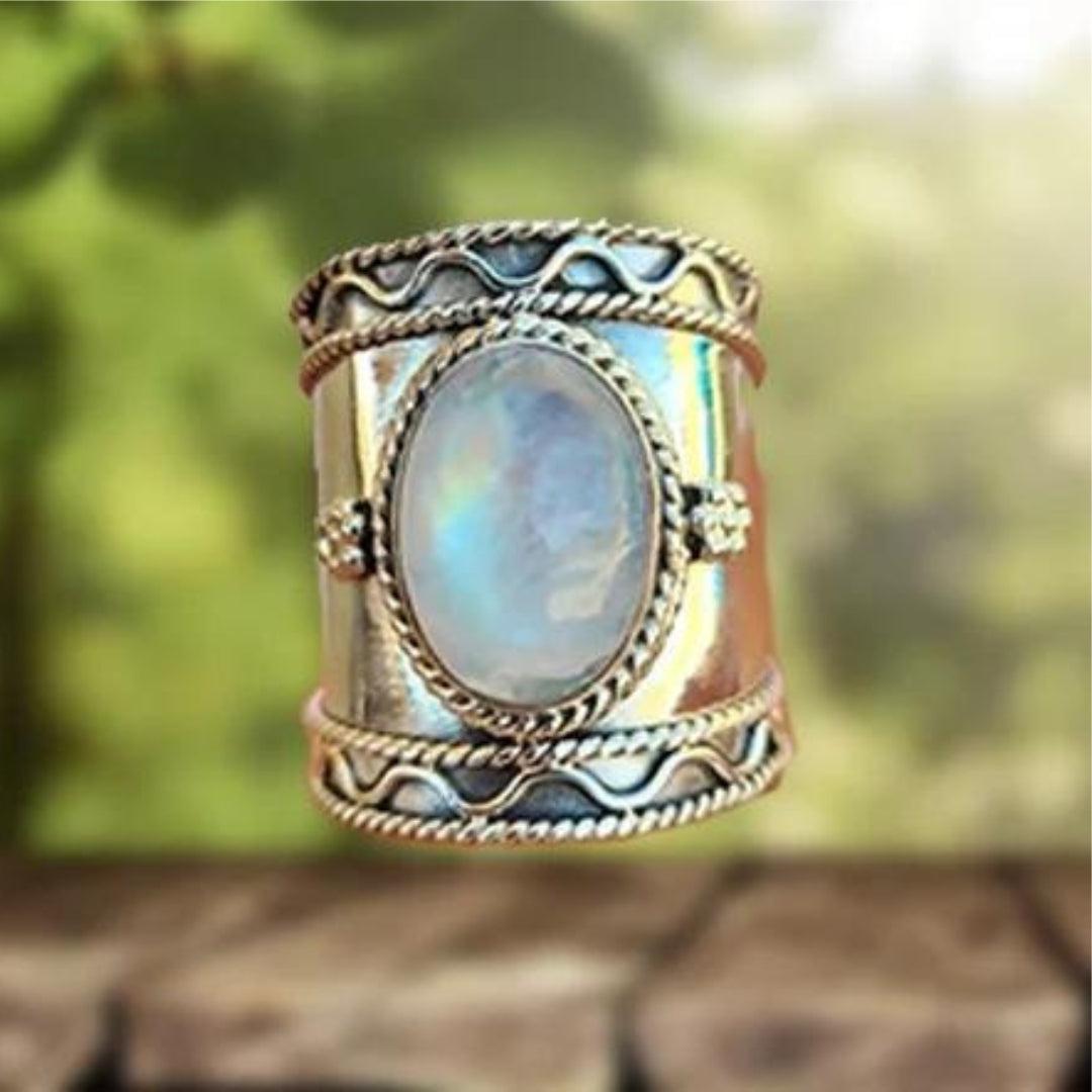 Bohemian Moonstone Ring with Broad Band
