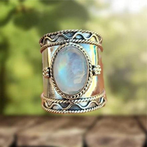 Bohemian Moonstone Ring with Broad Band