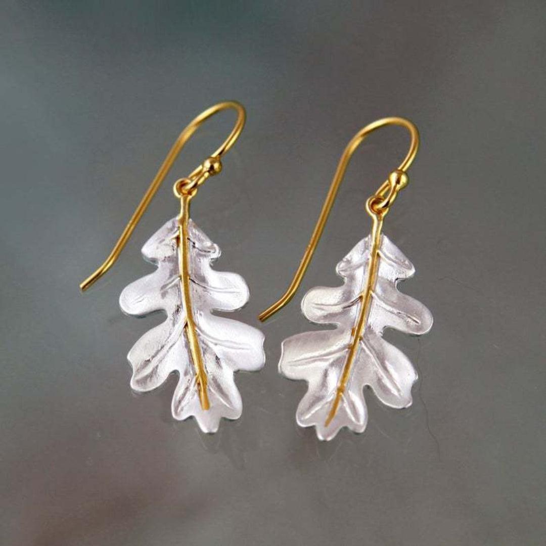 Gold Boho Earrings with White Leaves