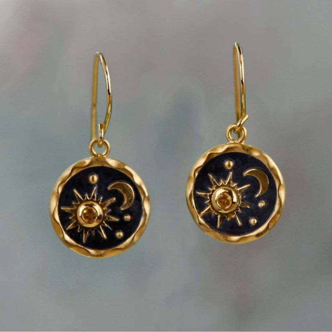 Earrings with Sun and Moon Design in Gold and Silver
