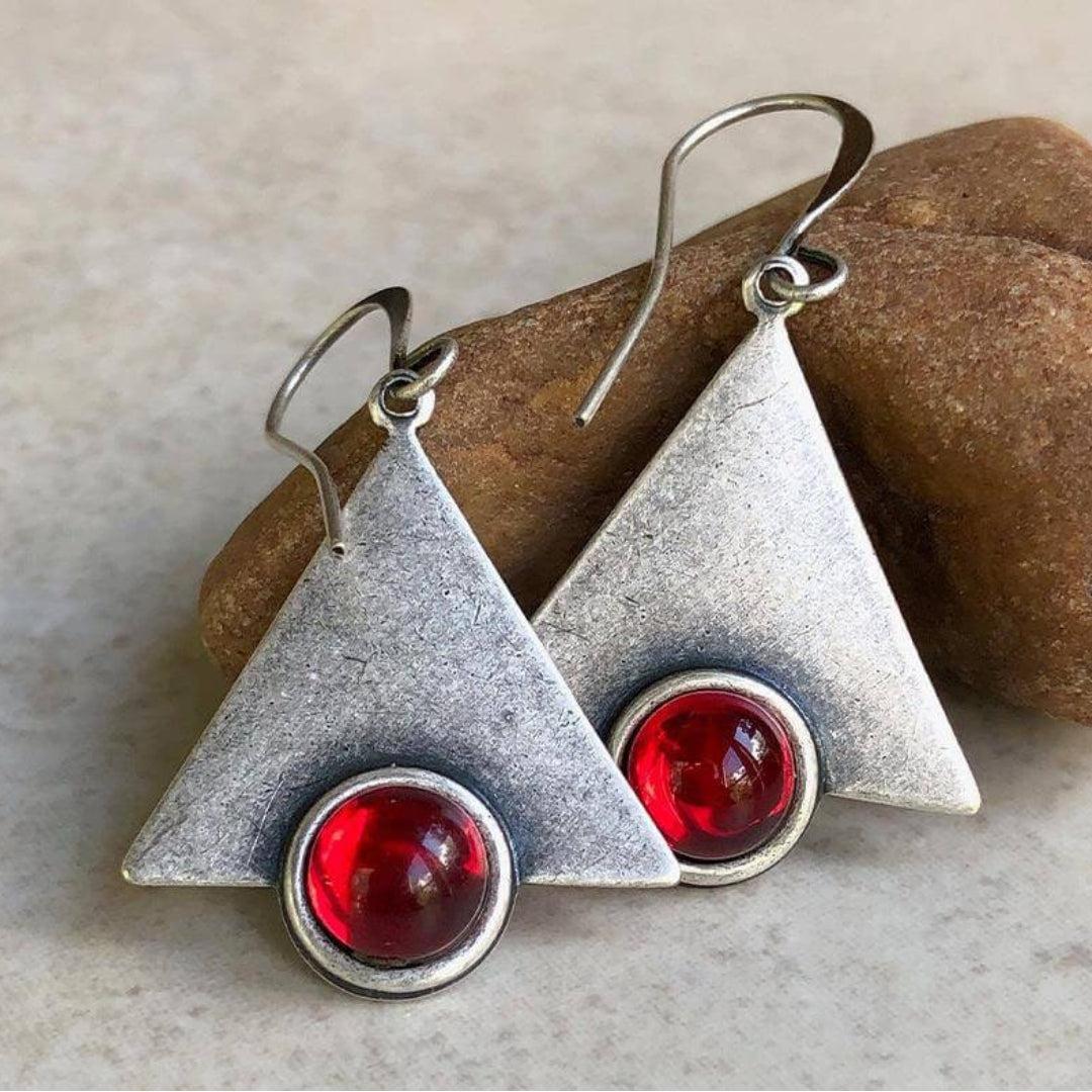 Boho Triangle Earrings with Ruby Stones in Sterling Silver