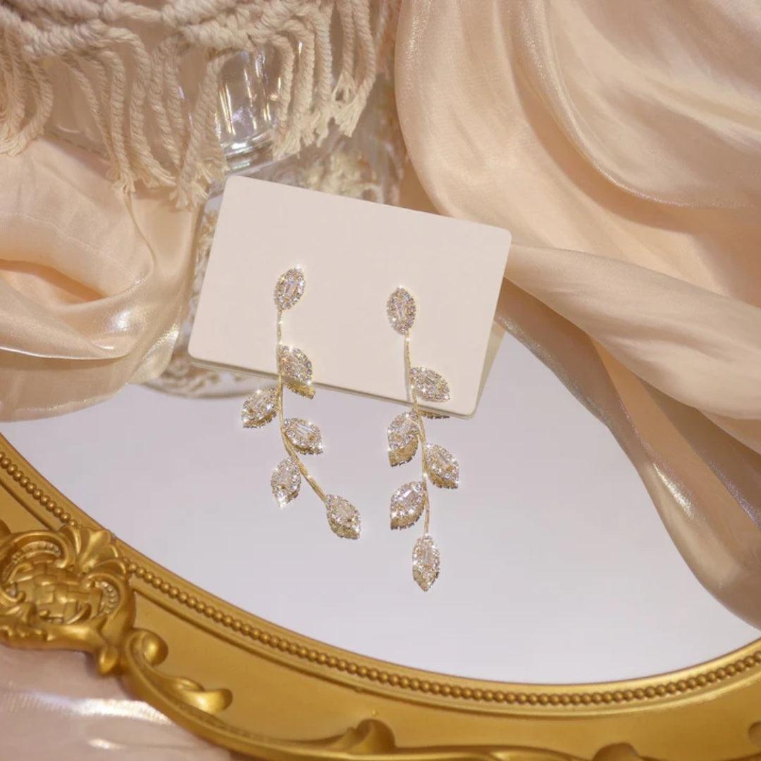 Zirconia Leaf Drop Earrings in Gold and Silver