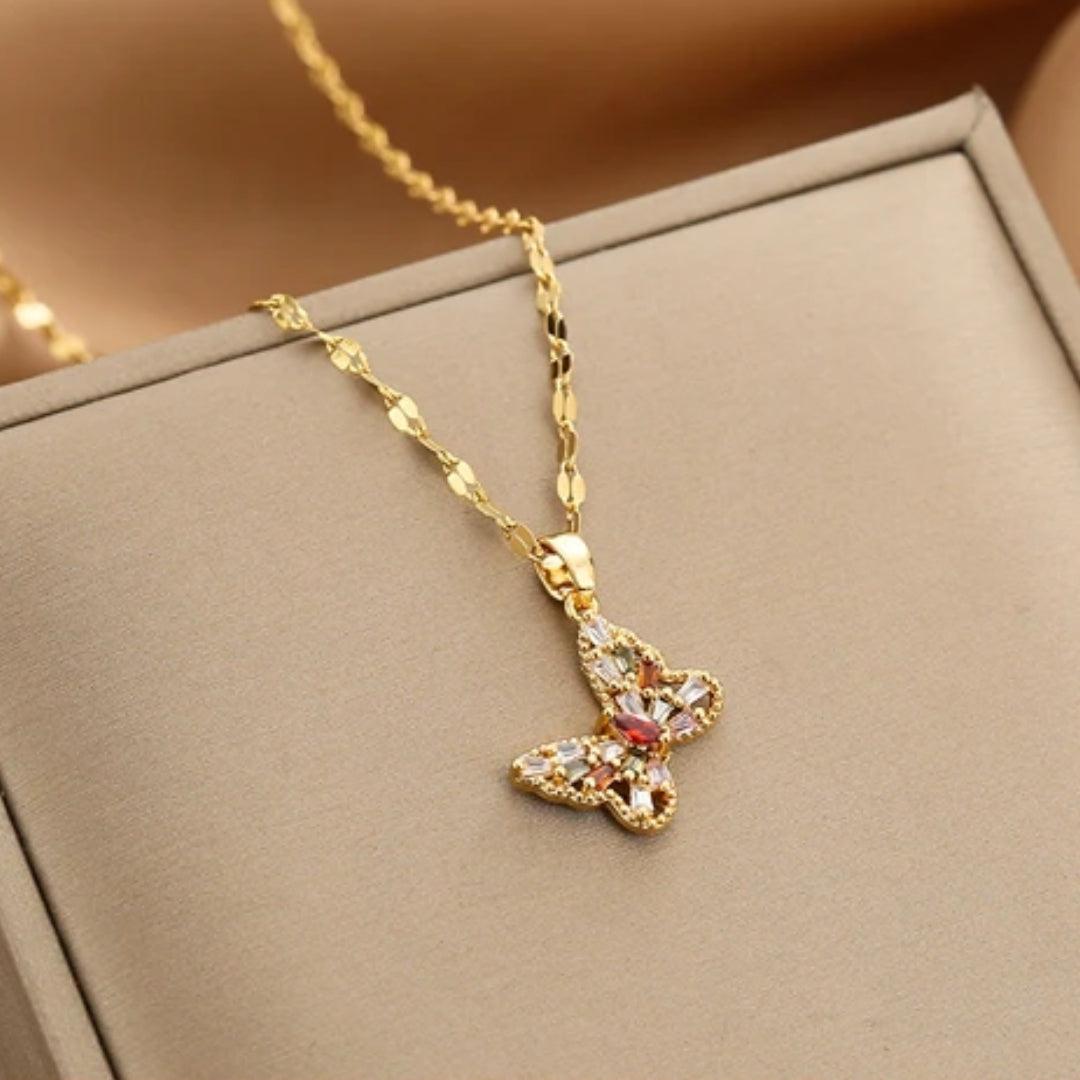 Gold Crystal Butterfly Pendant Necklace