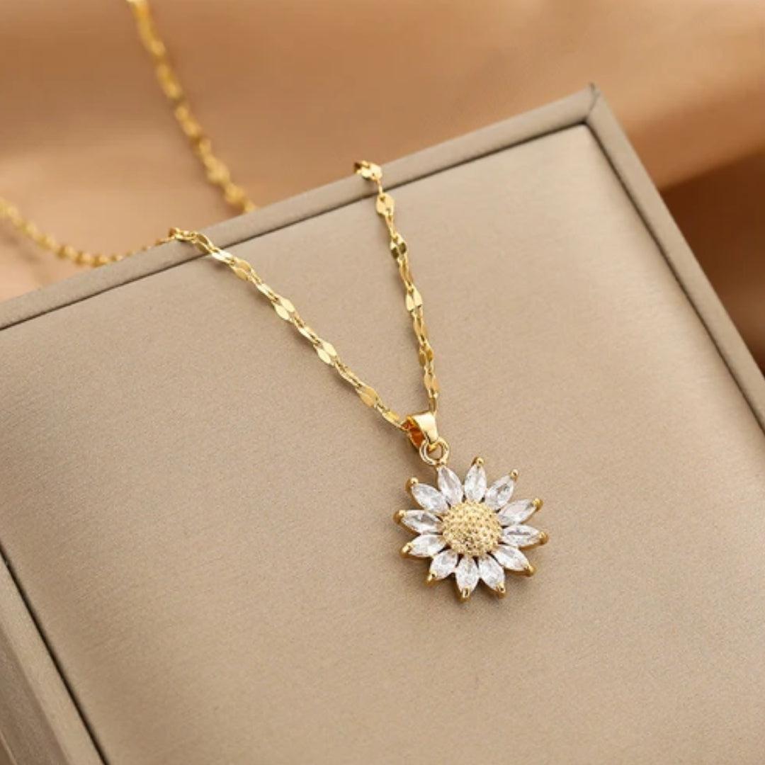 Golden Crystal Sunflower Pendant Necklace