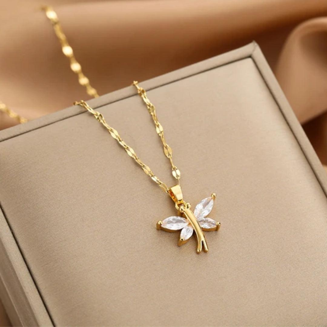 Golden Crystal Dragonfly Pendant Necklace