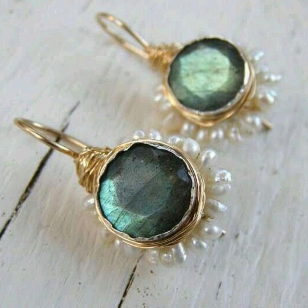 Vintage Green Gemstone Gold Earrings