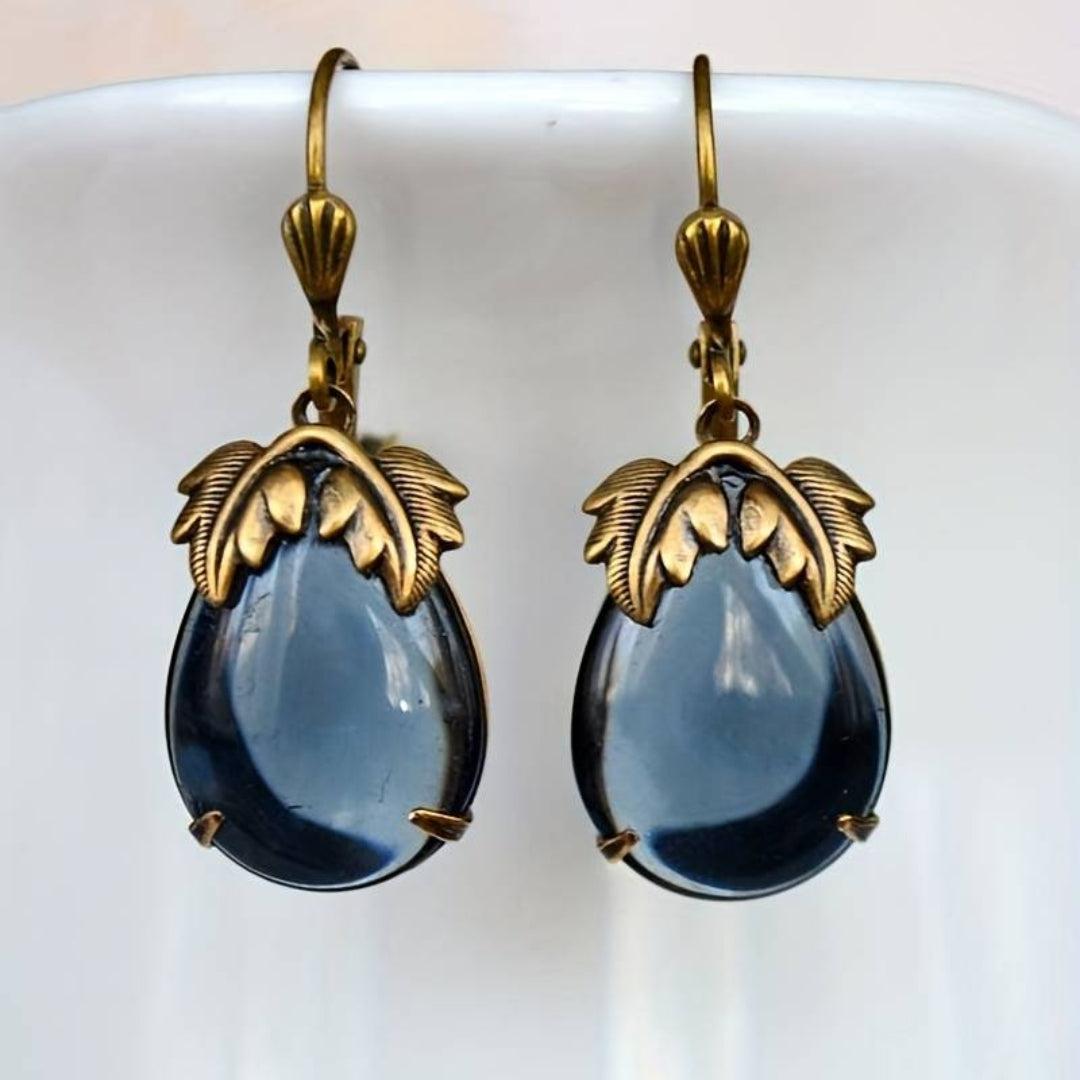 Vintage Blue Crystal Drop Earrings in Gold
