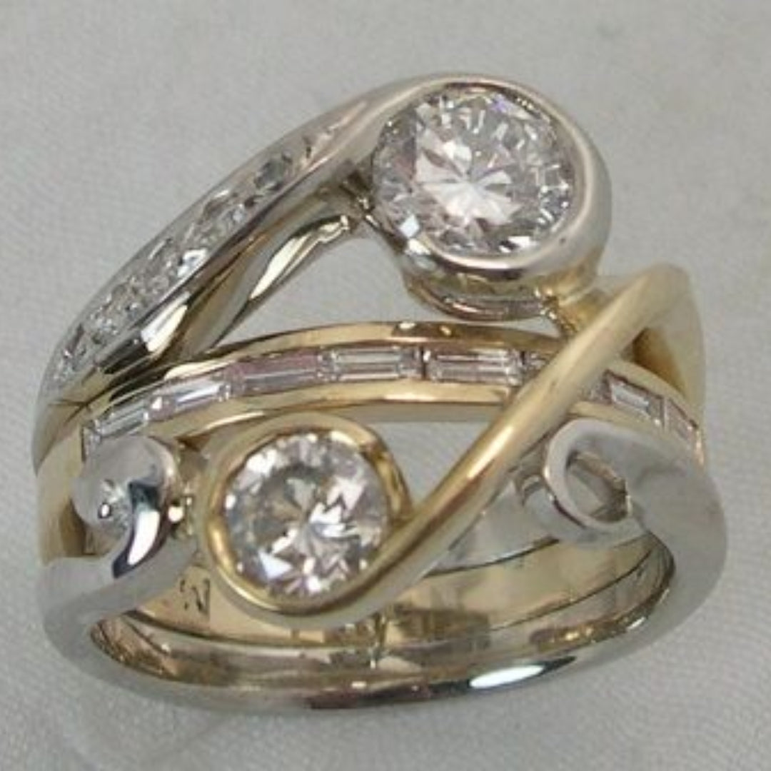 Vintage Inlaid Zirconia Silver & Gold Ring