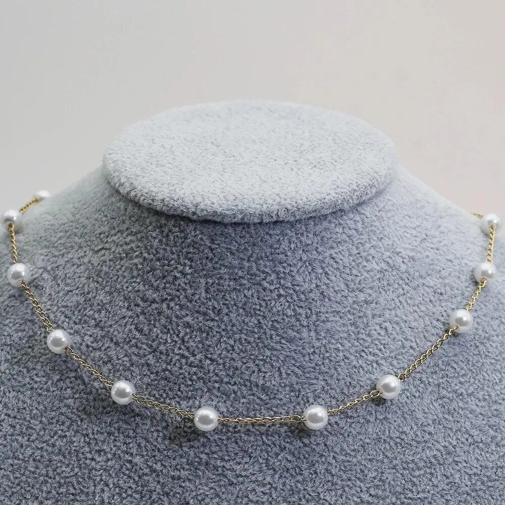 Gold Spaced Pearl Chain Pendant Necklace