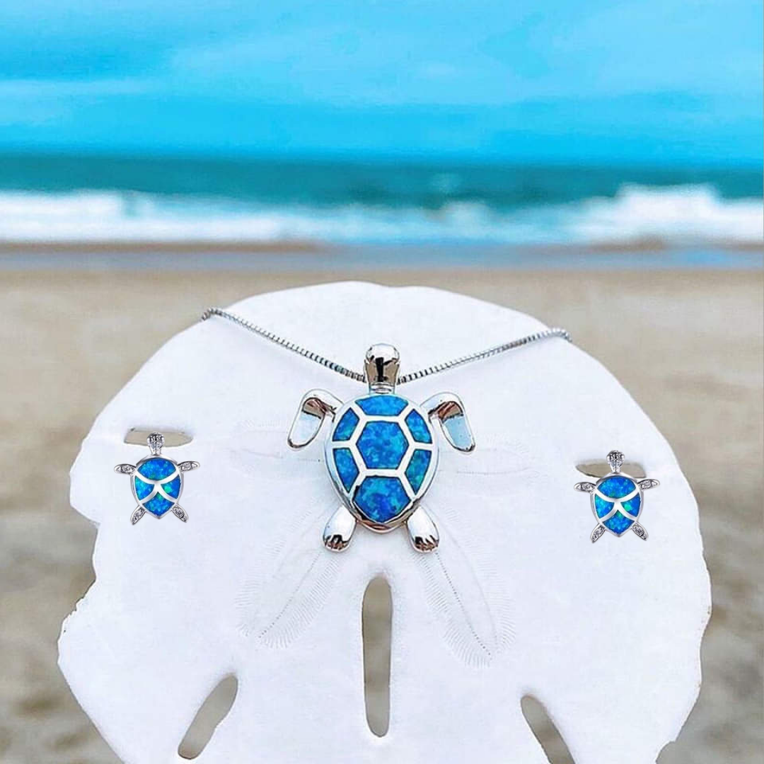 Opal and Silver Sea Turtle Jewelry Set: Necklace & Earrings