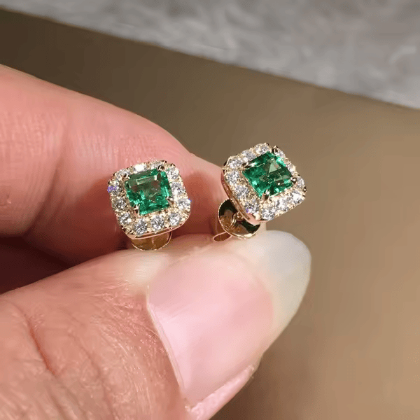Emerald Gold Square Halo Stud Earrings