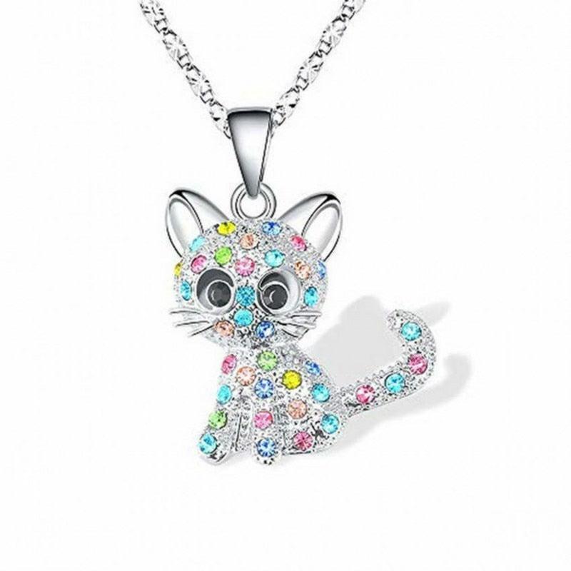 Silver Kitten Pendant with Colored Zirconia Necklace