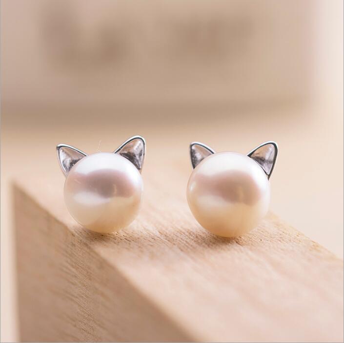 Kitten Earrings with Cultured Pearls and Sterling Silver