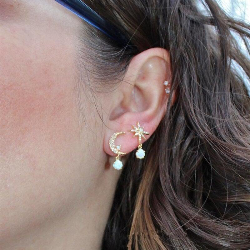 Gold and Opal Earrings with Moon and Star Design