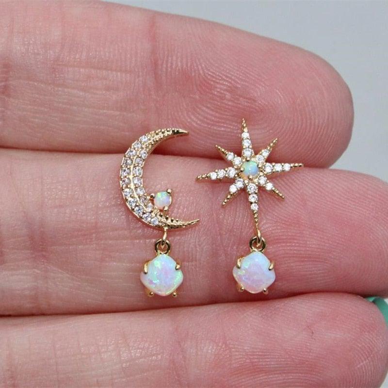 Gold and Opal Earrings with Moon and Star Design