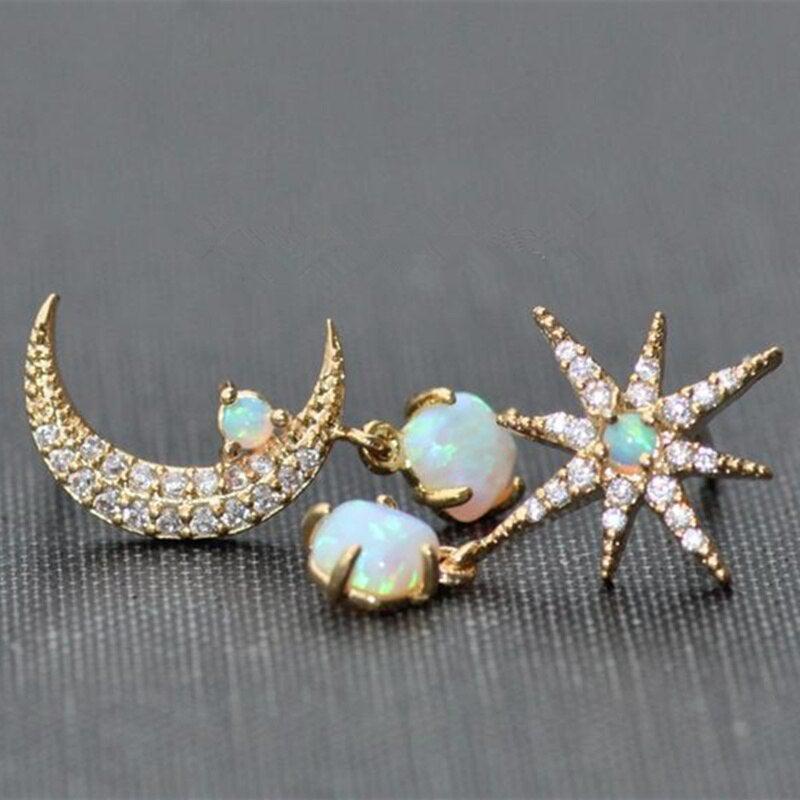 Gold and Opal Earrings with Moon and Star Design