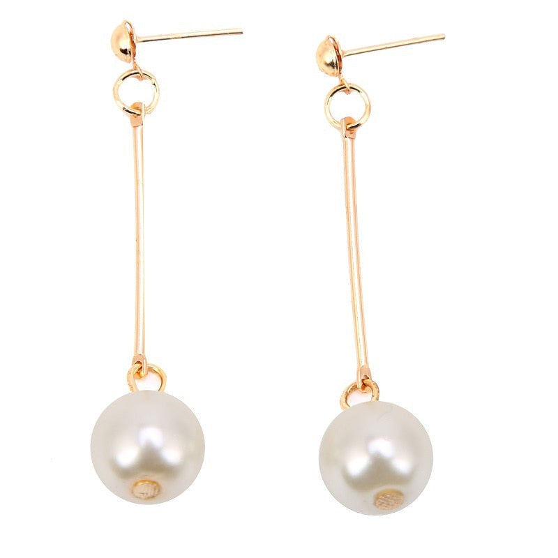 Gold Long Pearl Dangle Earrings