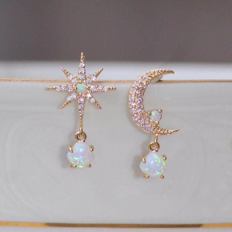 Gold and Opal Earrings with Moon and Star Design