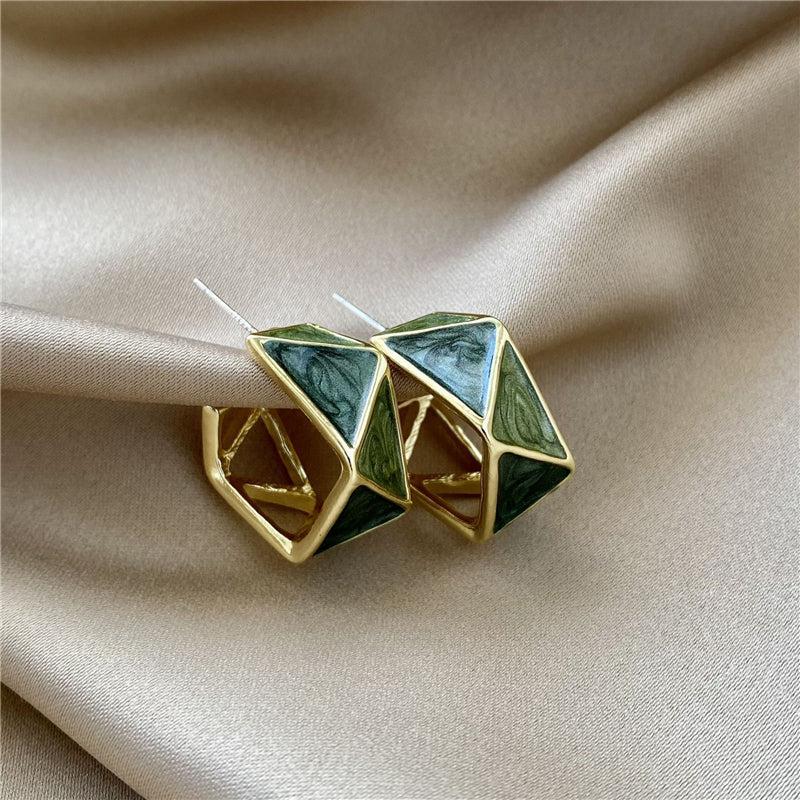 Green Enamel Earrings with Gold Trim