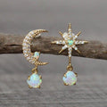 Gold and Opal Earrings with Moon and Star Design