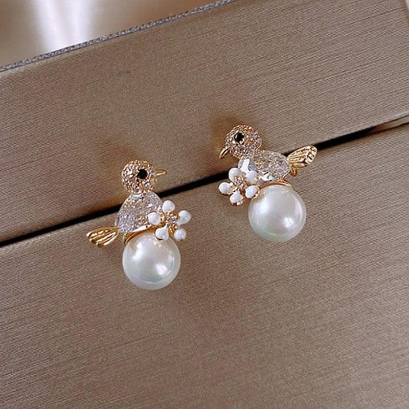 Luxurious Birdie Earrings with Cubic Zirconia and Pearl Accents