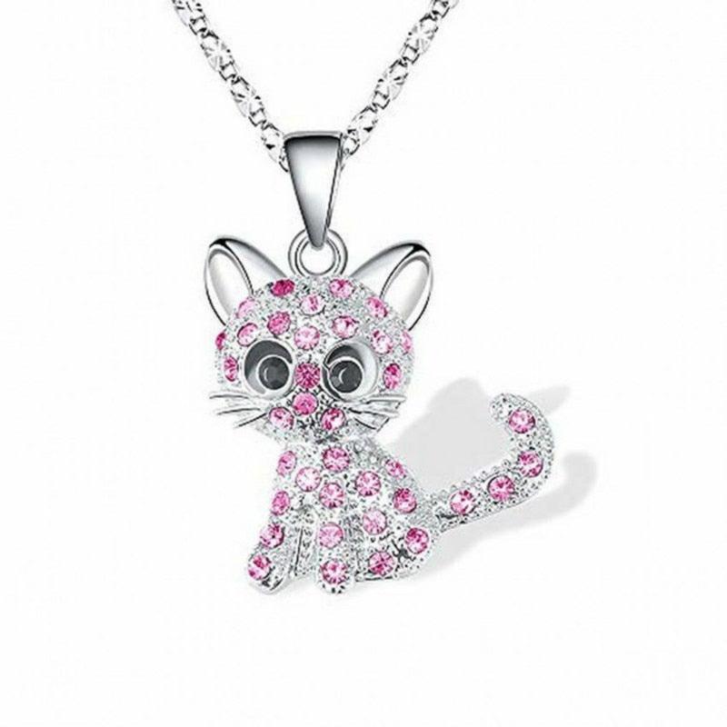 Silver Kitten Pendant with Colored Zirconia Necklace