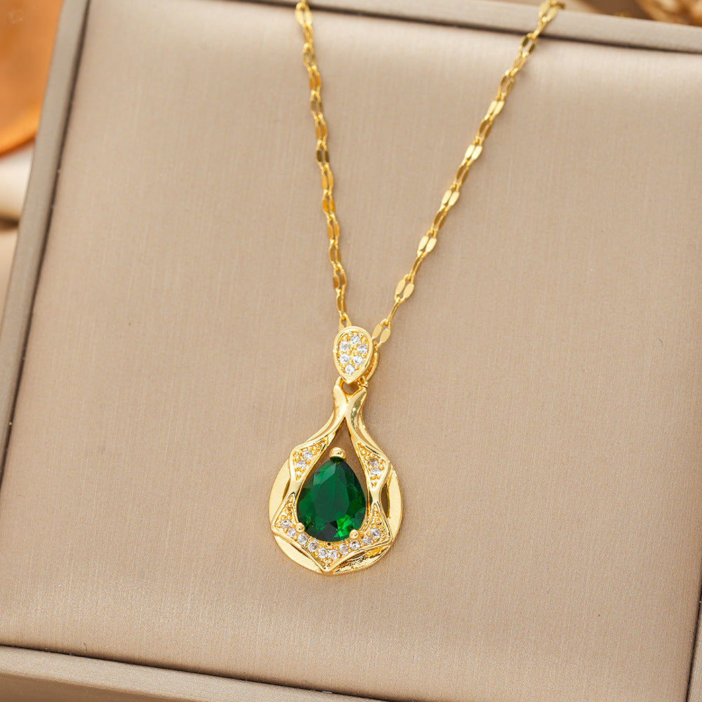 Gold Emerald Teardrop Pendant Chain Necklace