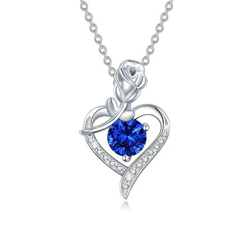 Sapphire Rose Heart Pendant Necklace