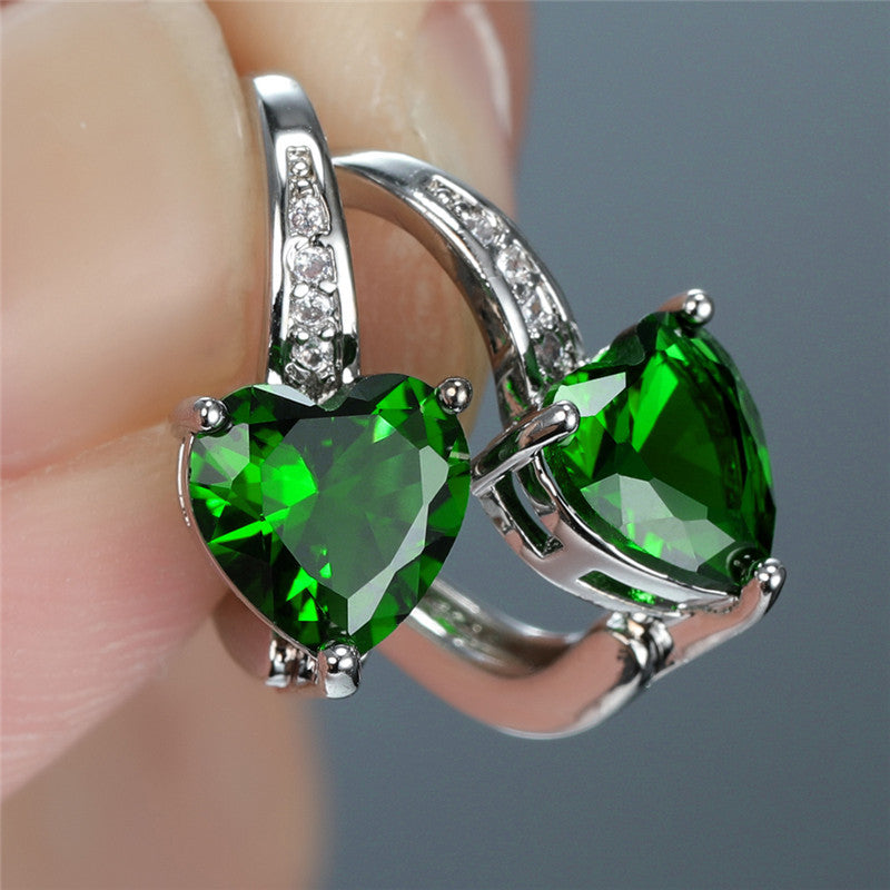 Silver Emerald Heart Hoop Earrings -> Silver Heart Hoop Earrings with Emerald