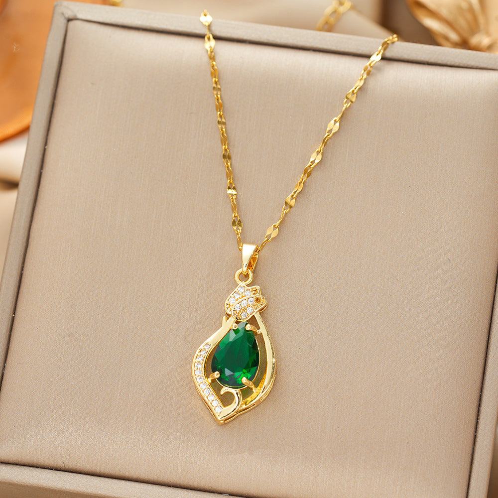 Gold Emerald Teardrop Pendant Chain Necklace