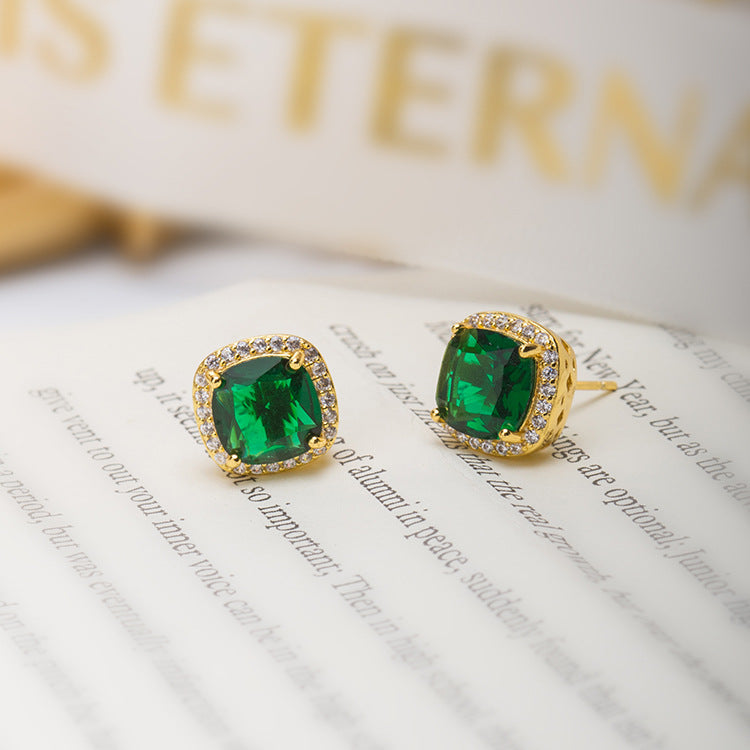 Golden Emerald Halo Stud Earrings