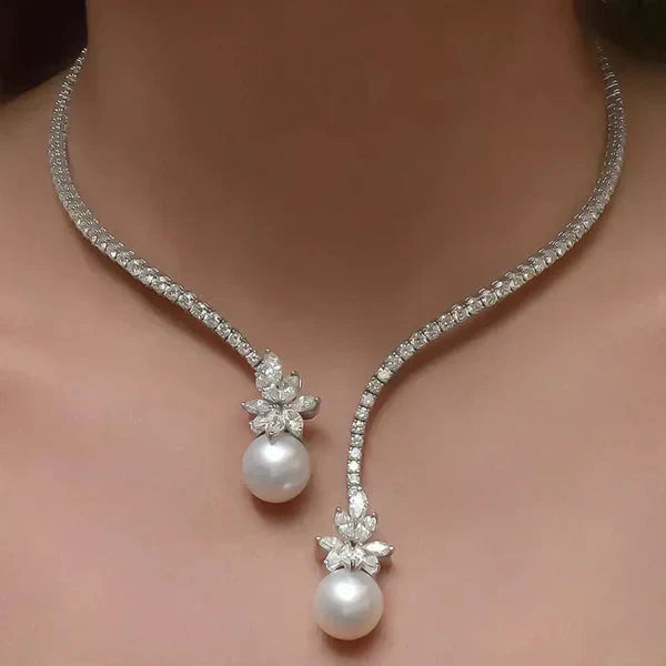 1+1 Offer: Elegant shiny necklace with pearls crafted from silver + White Sapphire Bracelet with Emerald Cut