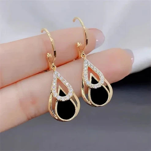 Black Zirconia Drop Gold Earrings