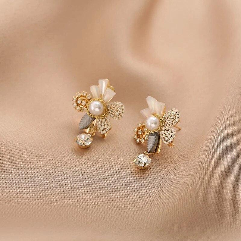 Floral Pearl Pendant Earrings in Gold