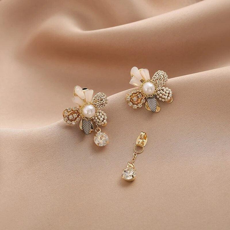 Floral Pearl Pendant Earrings in Gold