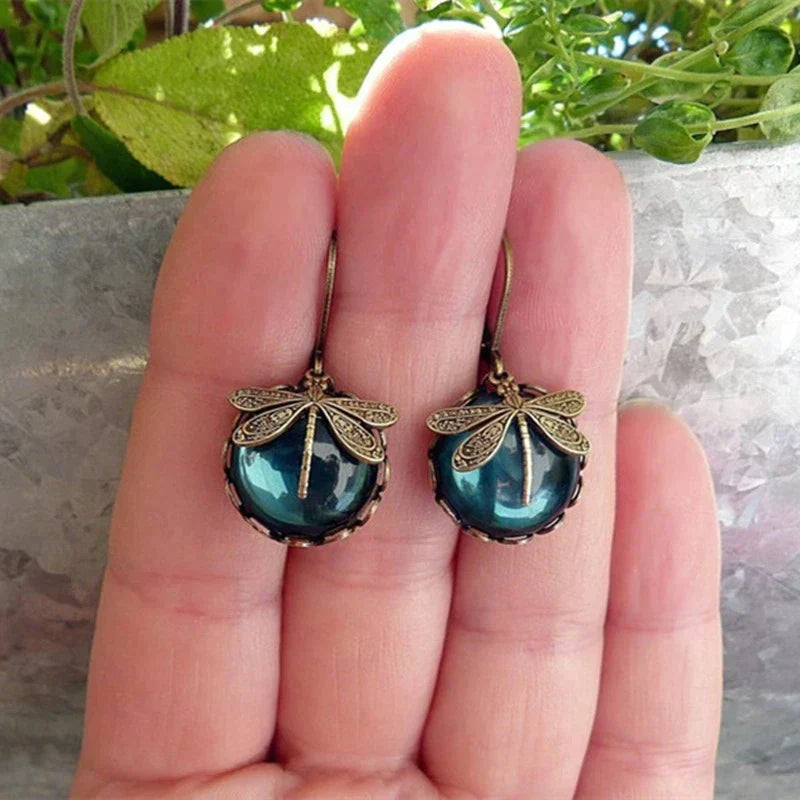 Spherical dragonfly earrings in vintage gold
