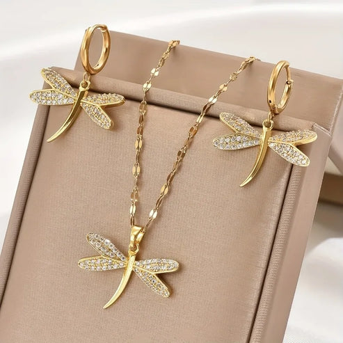 Gold Dragonfly Jewelry Pendant Necklace with Bonus Earrings