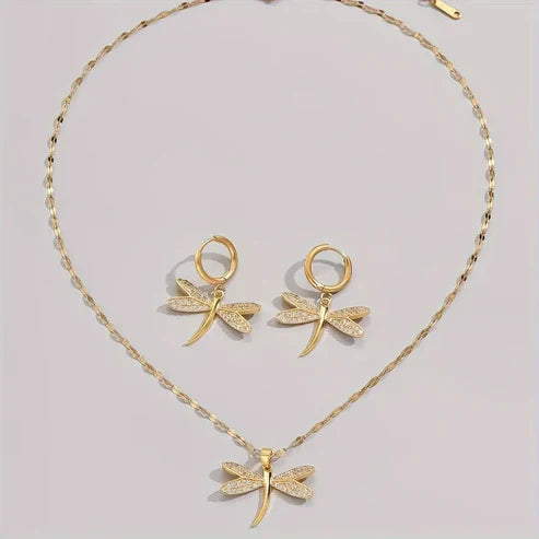 Gold Dragonfly Jewelry Pendant Necklace with Bonus Earrings
