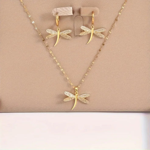 Gold Dragonfly Jewelry Pendant Necklace with Bonus Earrings