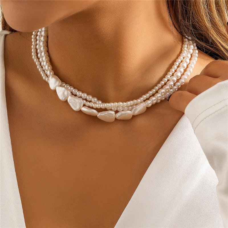 White Stone and Pearl Necklace with Gold Finish