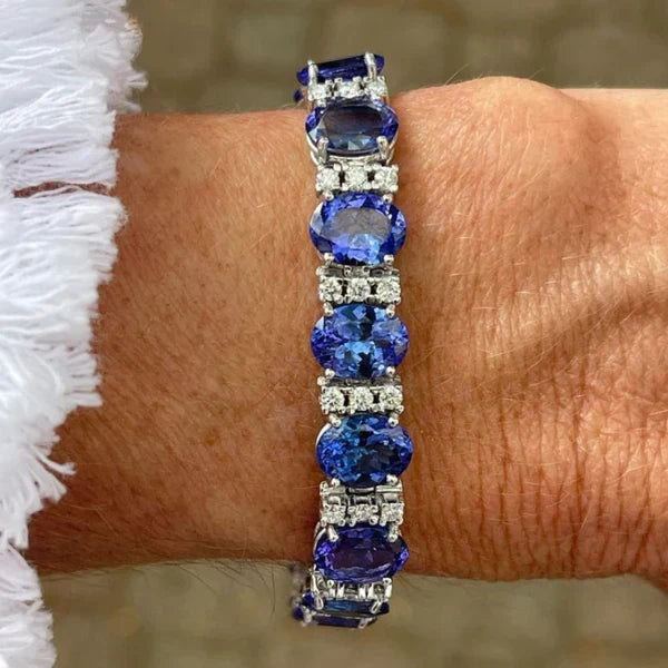 1+1 Offer: Oval & Round Cut Blue Tanzanite Bracelet + Knot Round Cut Blue Sapphire Wedding Band